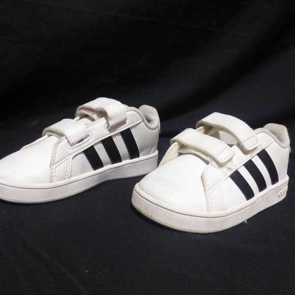 ADIDAS, kids size 8, Velcro white shoes with black stripes, GUC